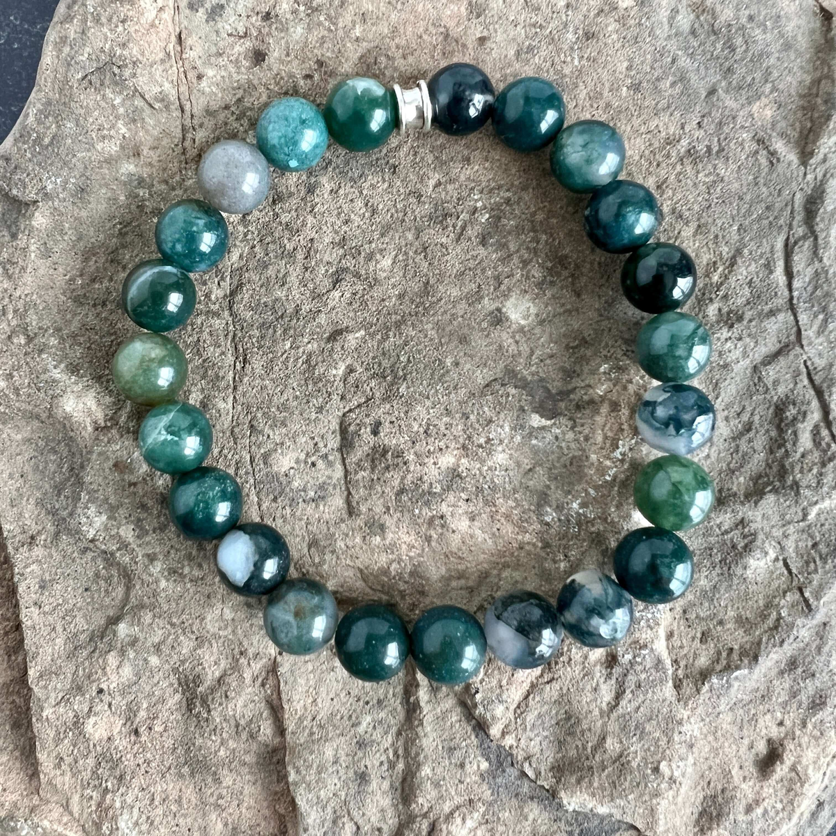 Moss Agate Beaded Bracelet, 8mm beads