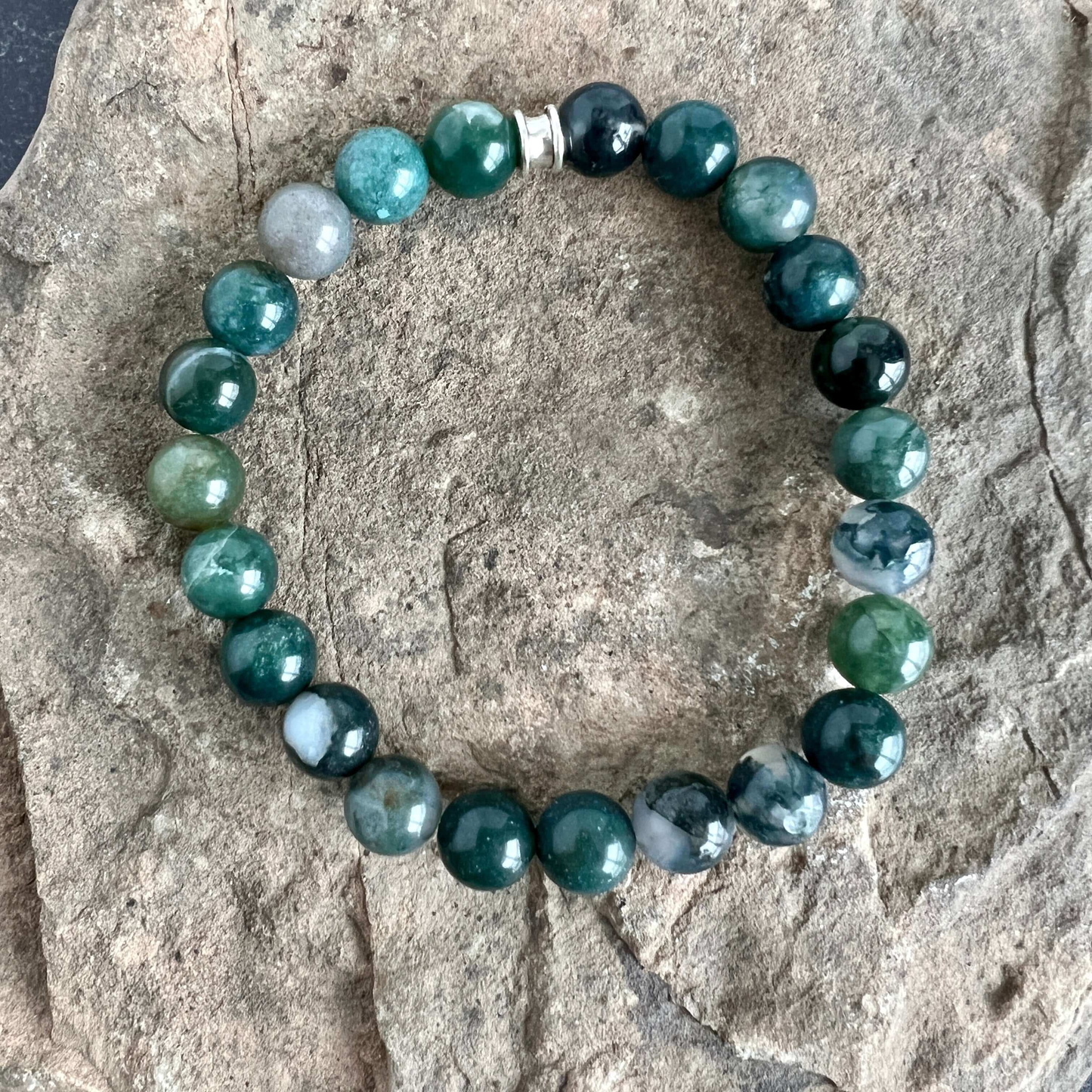 Moss Agate Beaded Bracelet, 8mm beads