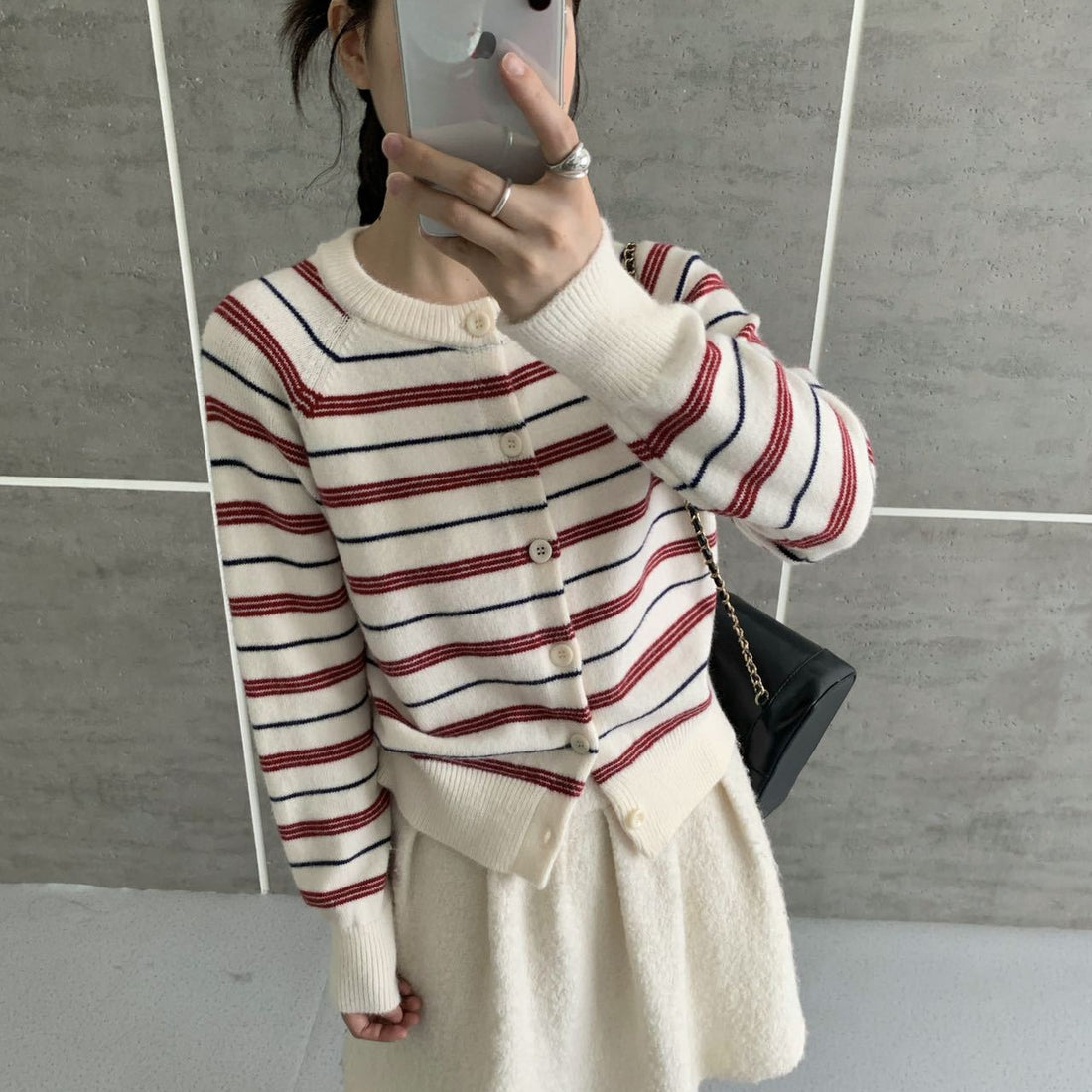 Women Retro Color Block Striped Knit Cardigan Round Neck Long Sleeve Slimming Sweater