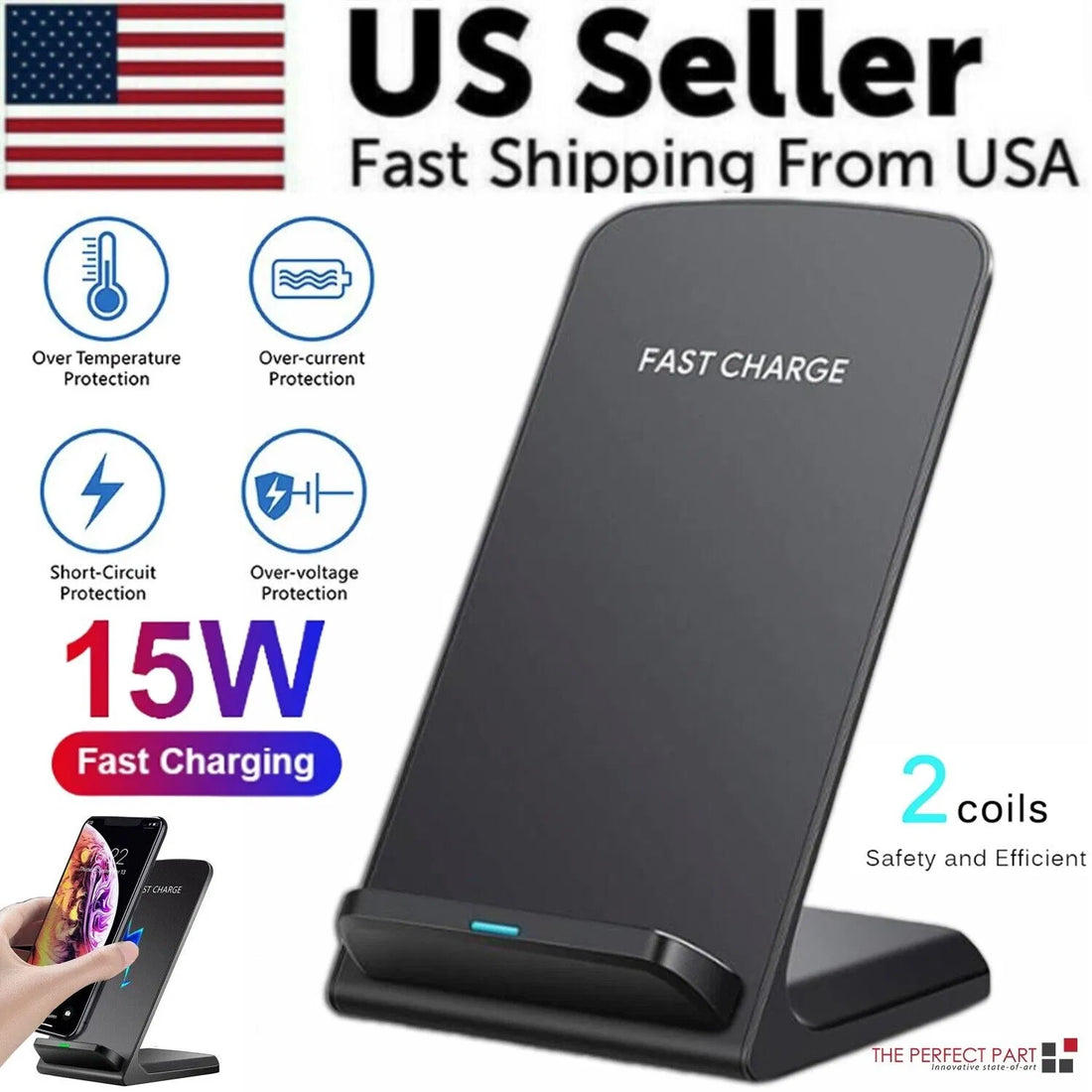 Qi wireless fast charging pad stand full product view