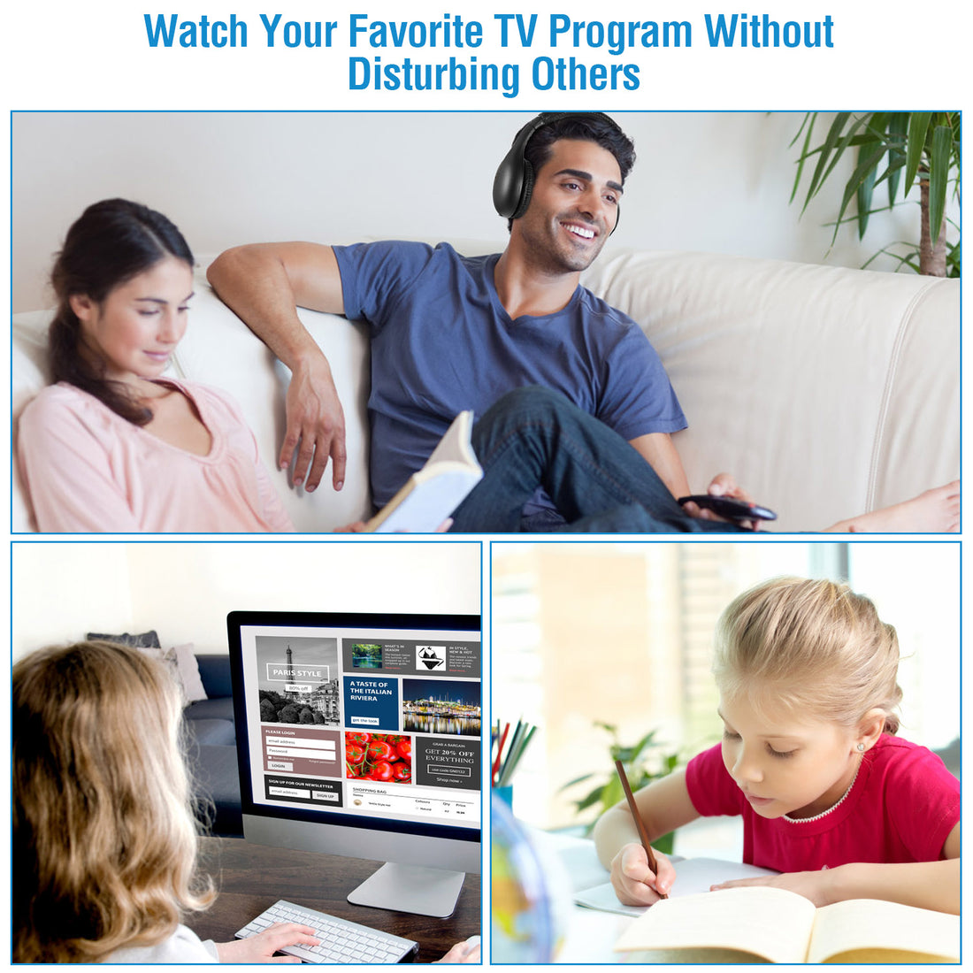 Watching TV with wireless headphones without disturbing others