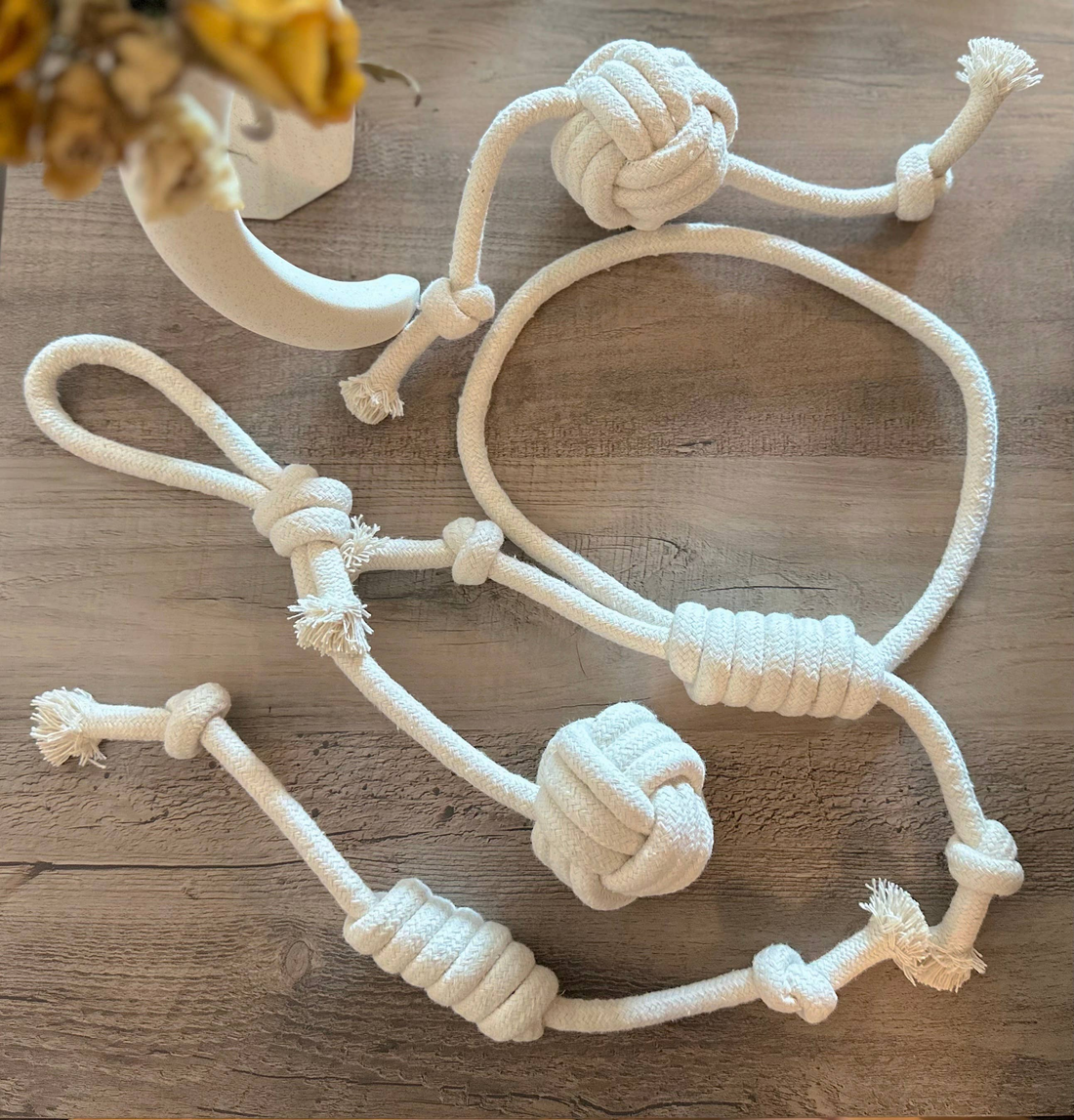 Handmade Natural White Rope Tug Toy Set, 4-Piece