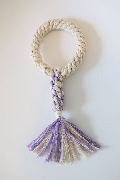 Macrame Dog Tug Rope Toy for Puppies, Purple and White