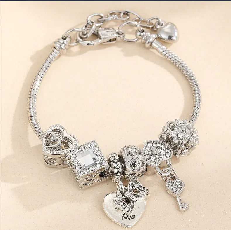 Heart Charm Bracelet — Electroplated Silver-Tone Layering Bracelet - Image 1