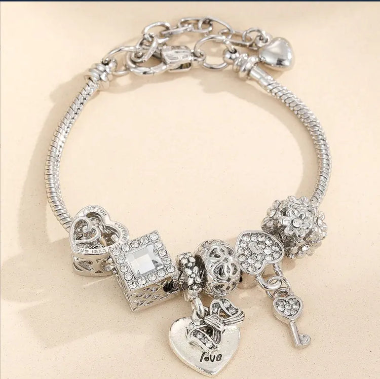 Heart Charm Bracelet — Electroplated Silver-Tone Layering Bracelet - Image 1