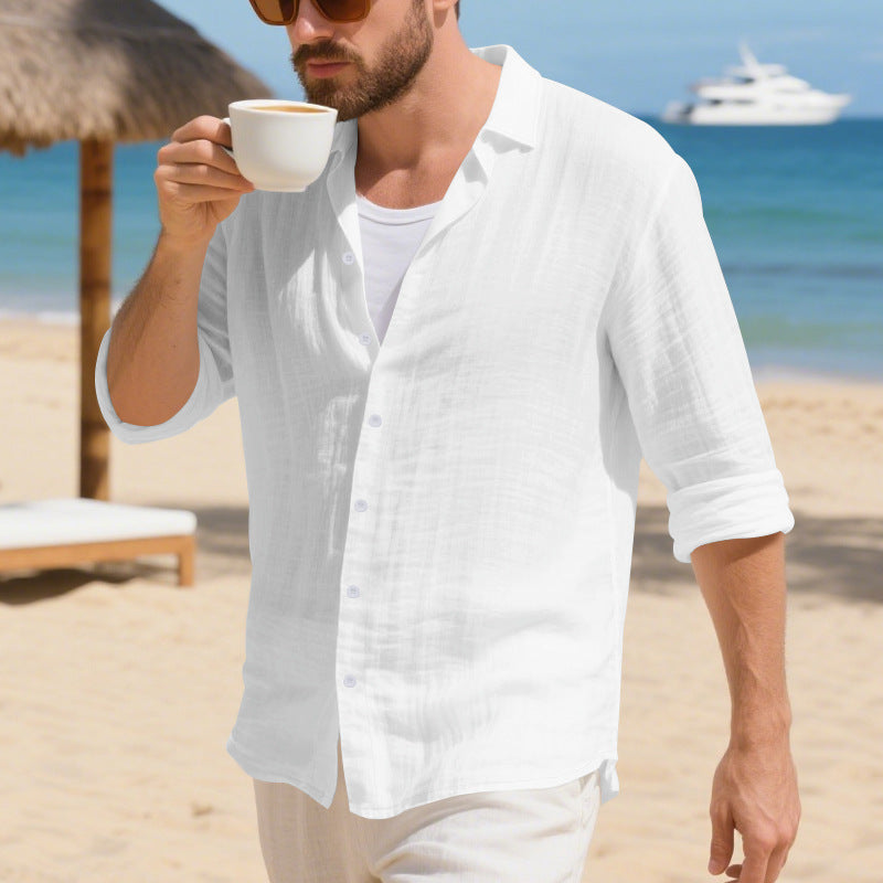 Men's Linen Blend Long Sleeve Button Down Casual Relaxed Fit Shirt