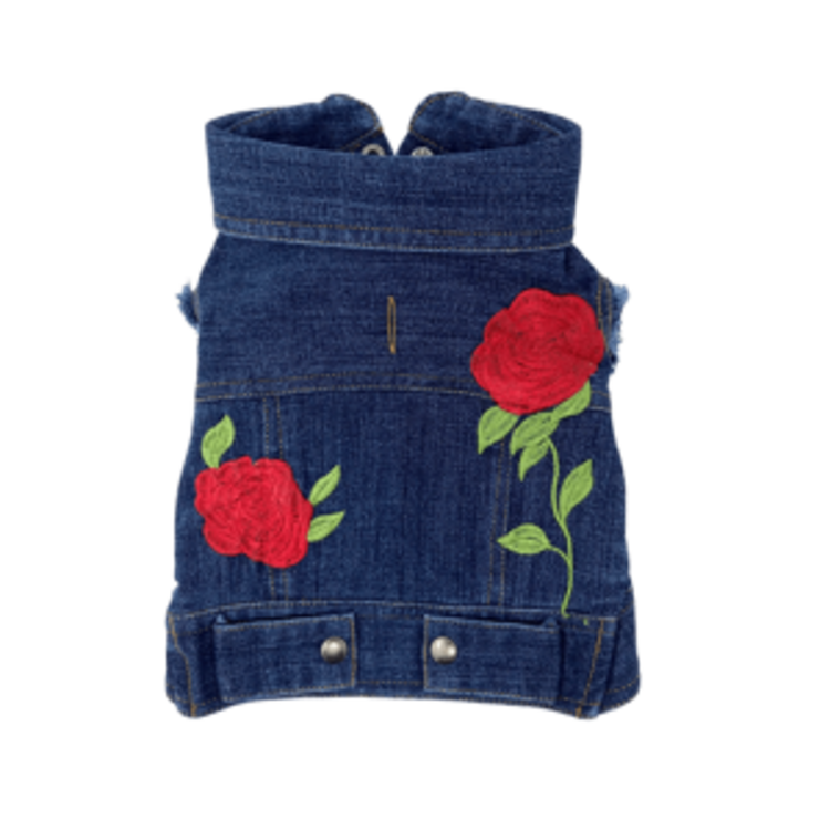 Denim Dog Designs Rose Embroidered Denim Dog Vest