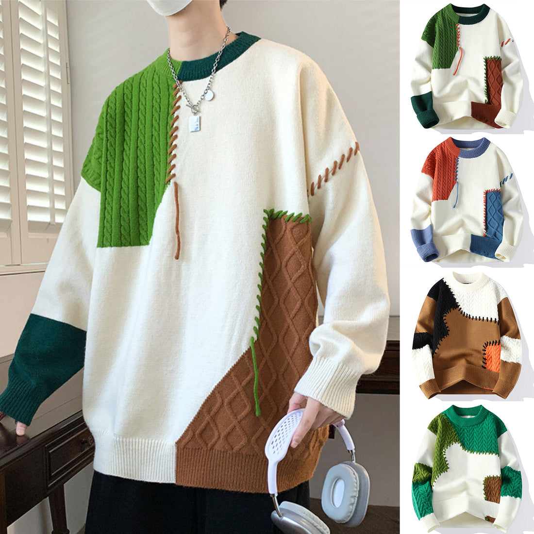 Loose patchwork knit pullover sweater with round neck, photo 1