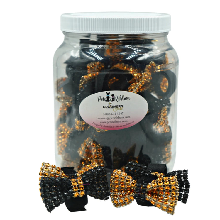 Black and gold Halloween dog bows, front label detail