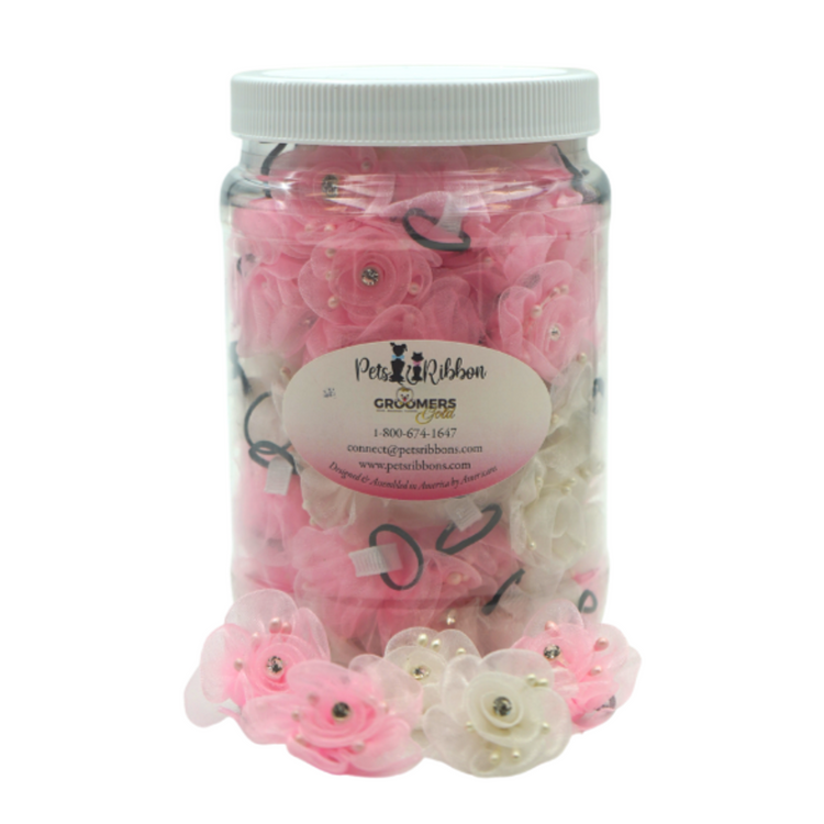 Pastel Small Flower With Stone Dog and Cat Bows in a Jar