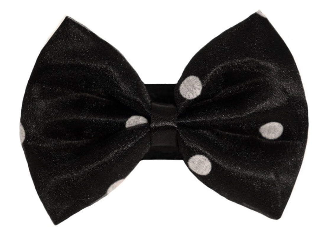 Organza satin polka dot dog bow, black, angled view