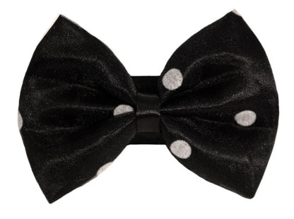 Organza satin polka dot dog bow, black, close up