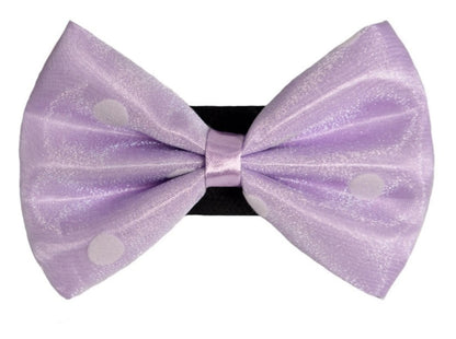 Organza satin polka dot dog bow, blue, close up