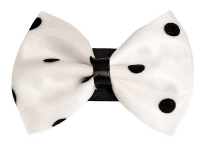 Organza satin polka dot dog bow, purple, close up