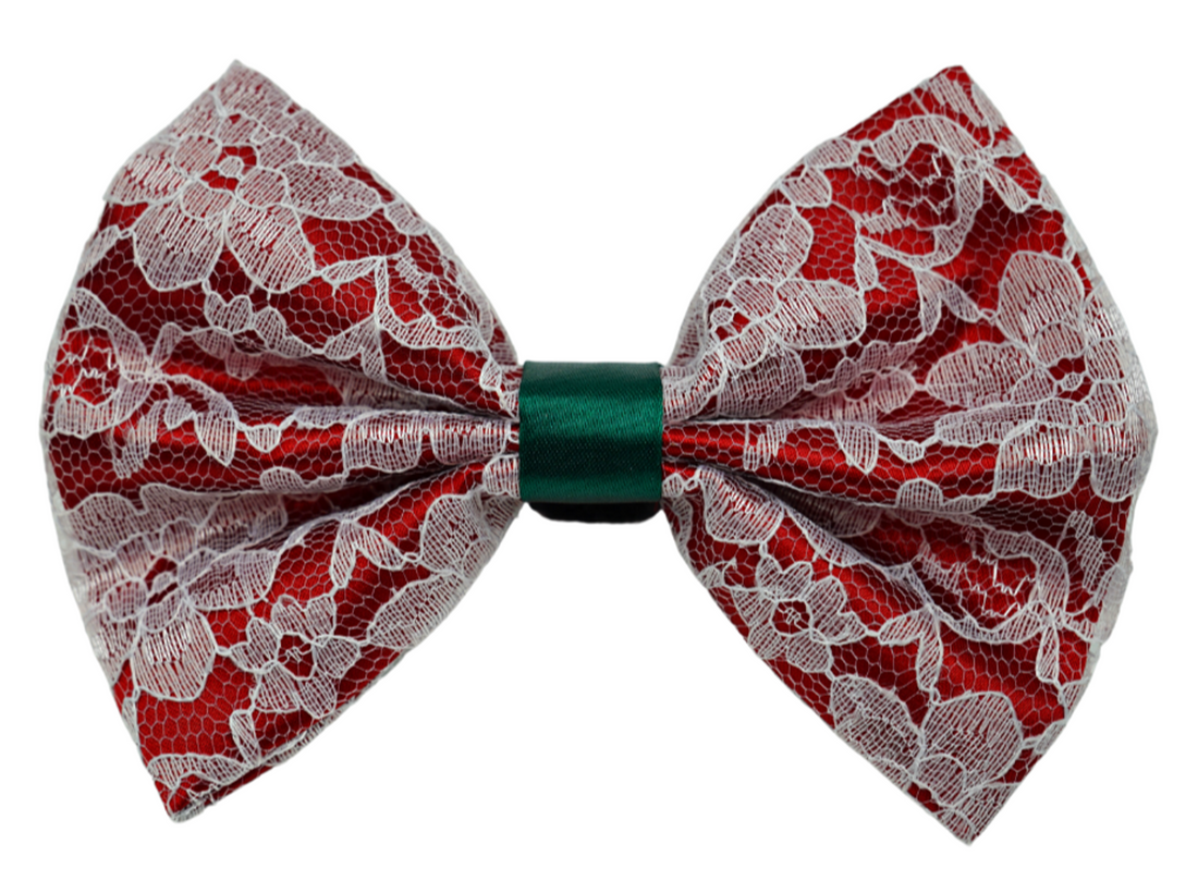 Pets Ribbons Christmas Satin Dog Bow with Lace Overlay
