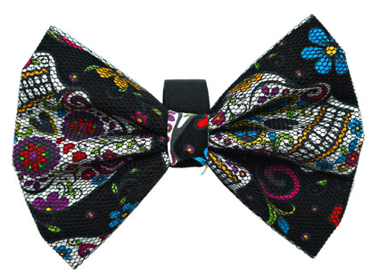 Sugar skull dog bow, size 2, black, velcro fastener detail