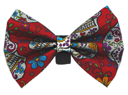 Sugar skull dog bow, size 2, red, velcro fastener detail