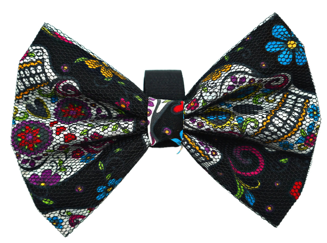Sugar skull dog bow, size 3, black, velcro fastener detail