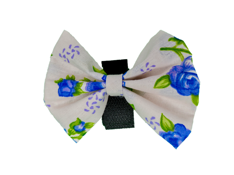 Blue rose cotton dog bow, size 2, close-up