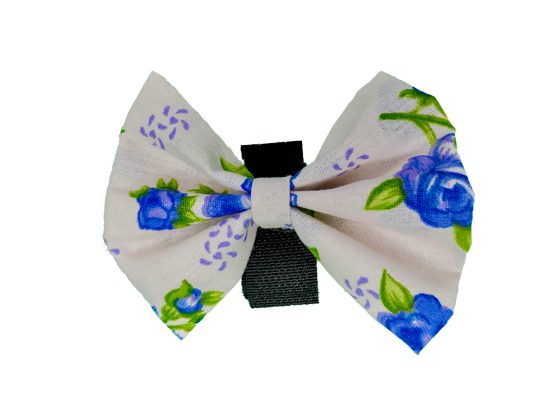 Blue rose cotton dog bow, size 2, velcro fastener detail