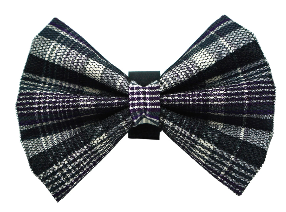 Plaid check dog bow with black net overlay, size 3, close-up