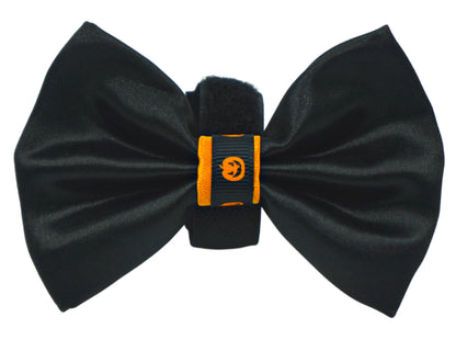 Satin Halloween dog bow with pumpkin trim, velcro fastener detail