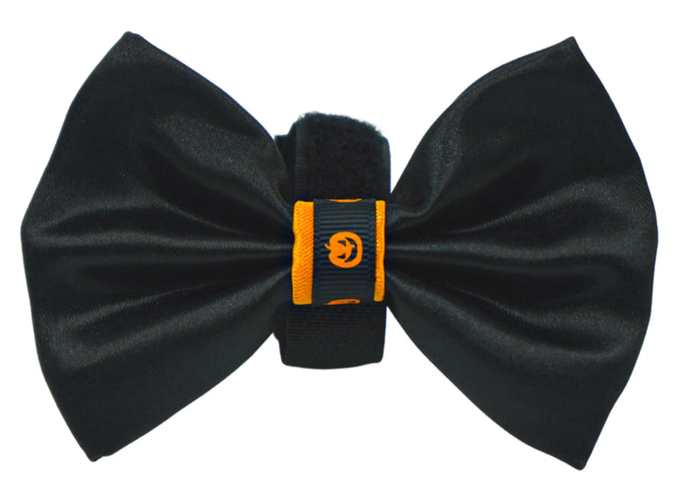 Satin Halloween dog bow with pumpkin trim, velcro fastener detail