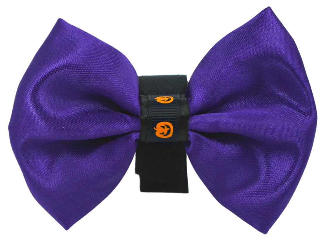 Satin Halloween dog bow with pumpkin trim, size 3, close-up