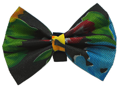 Flower print pet bow with black net trim, view 1