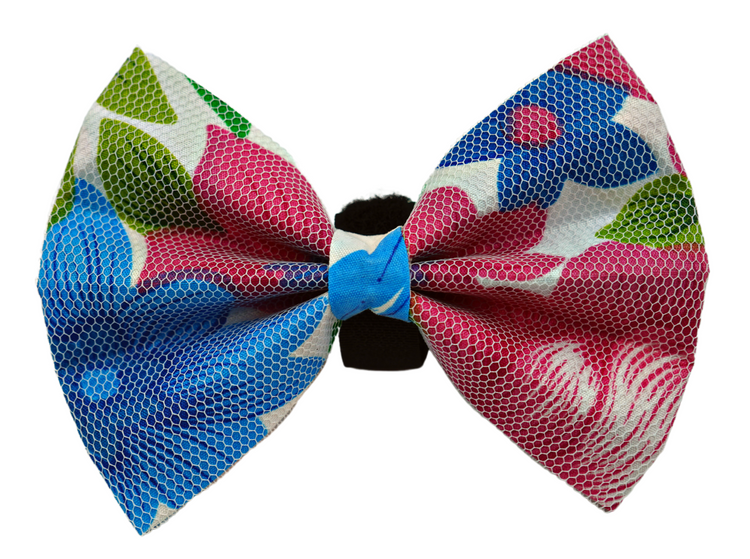 Pets Ribbons Flower Print Dog Bow, White Net
