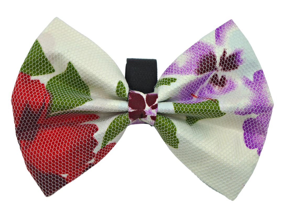Pets Ribbons Flower Print Dog Bow, White Net