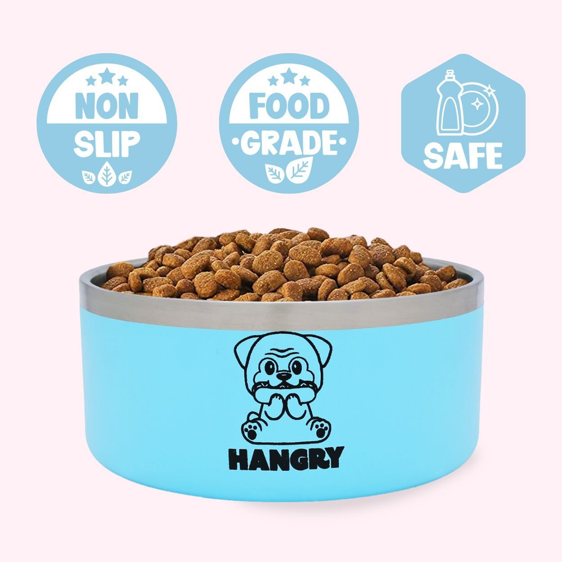 "Hangry" Blue Stainless Steel Dog Bowl
