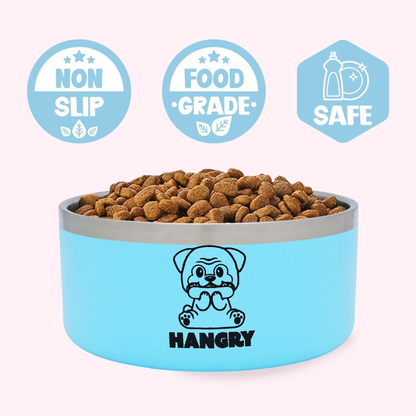 "Hangry" Blue Stainless Steel Dog Bowl