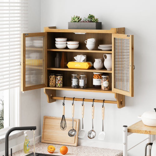 Natural wood glass door cabinet side angle on hallway wall