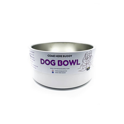 Come Here Buddy White Stainless Steel Dog Bowl
