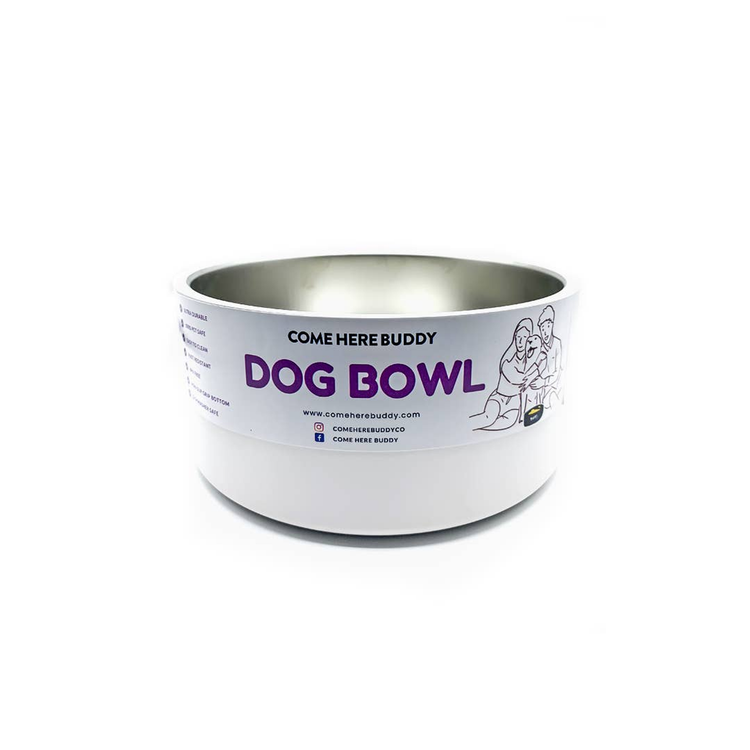Come Here Buddy White Stainless Steel Dog Bowl