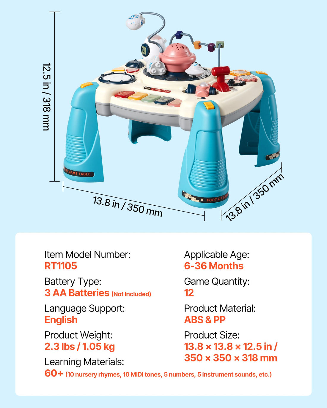 Baby spacecraft activity table dimensions 13.8 x 13.8 x 12.5 in with specification list