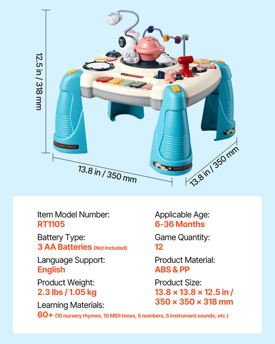 Baby spacecraft activity table dimensions 13.8 x 13.8 x 12.5 in with specification list