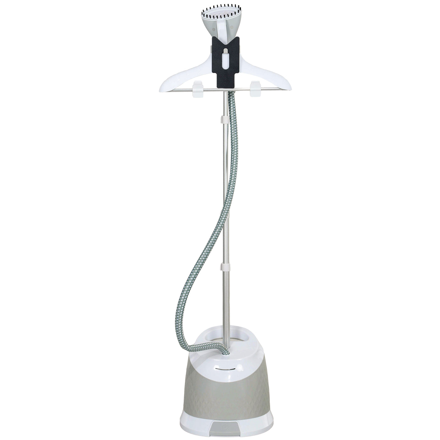 Garment steamer steaming a hanging suit
