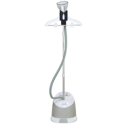 Garment steamer steaming a hanging suit