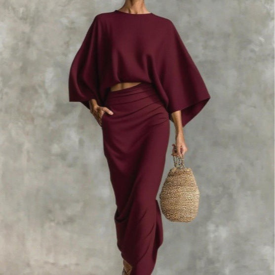 Womens High Waist Long Skirt Set with Loose Top