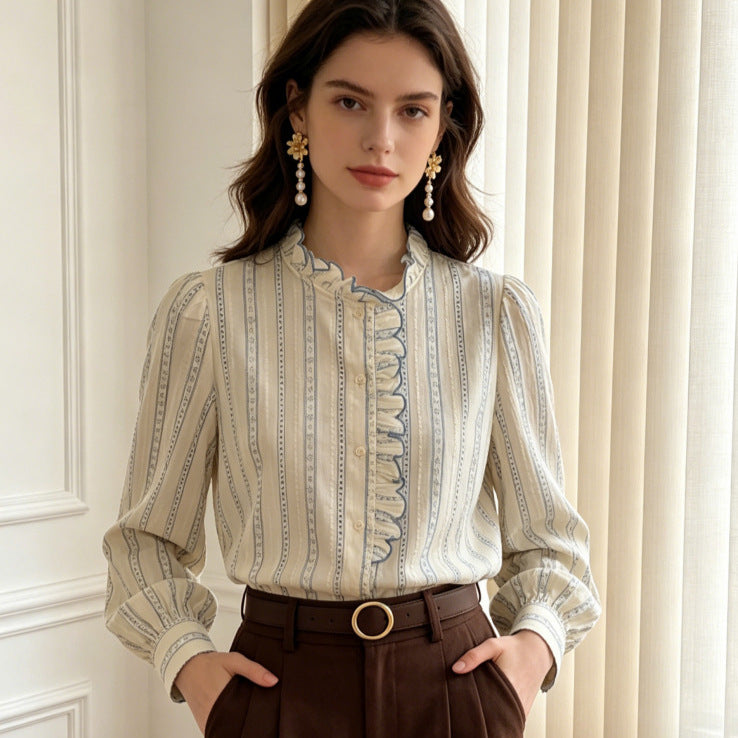Women's 100% Cotton Ruffled Stand Collar Striped Long Sleeve Blouse