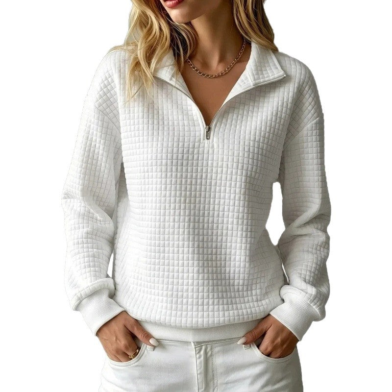 Women's Solid Color Waffle Knit Stand Collar Zipper Long Sleeve Loose Sweatshirt