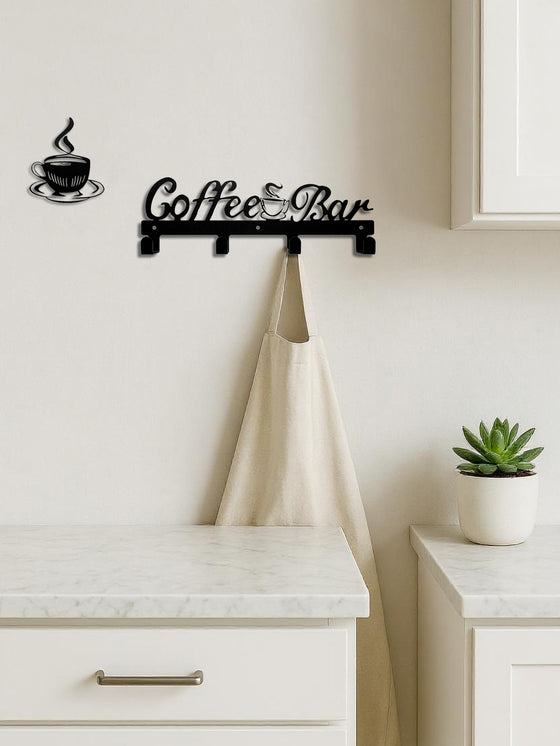 Coffee Bar hook sign holding a tote above a counter