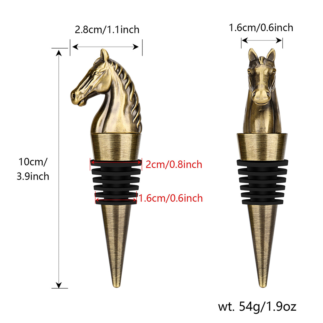 Bronze horse head wine stopper dimensions 10 cm tall, 2.8 cm wide, 54 g