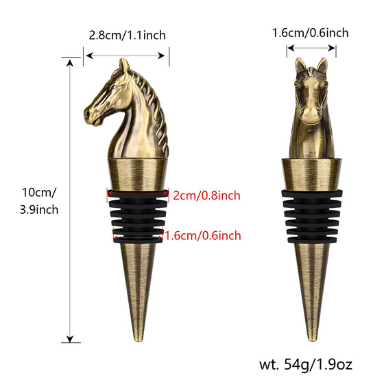 Bronze horse head wine stopper dimensions 10 cm tall, 2.8 cm wide, 54 g