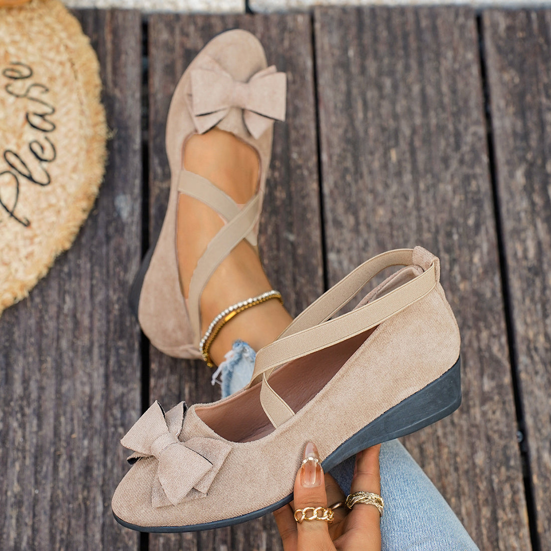 Women's casual wedge shoes with cross strap and bow, photo 3