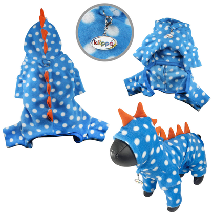 Polka Dots Dino Fleece Hooded Dog Pajamas - Blue