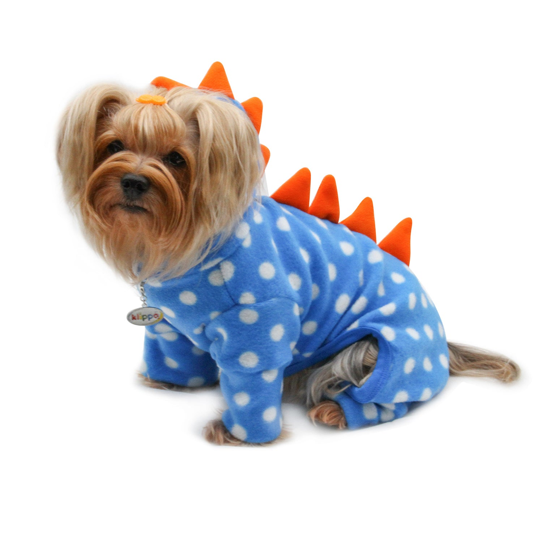 Polka Dots Dino Fleece Hooded Dog Pajamas - Blue