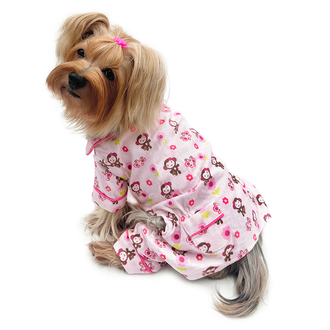 Girly Monkey Flannel Dog Pajamas with 2 Pockets - Pink